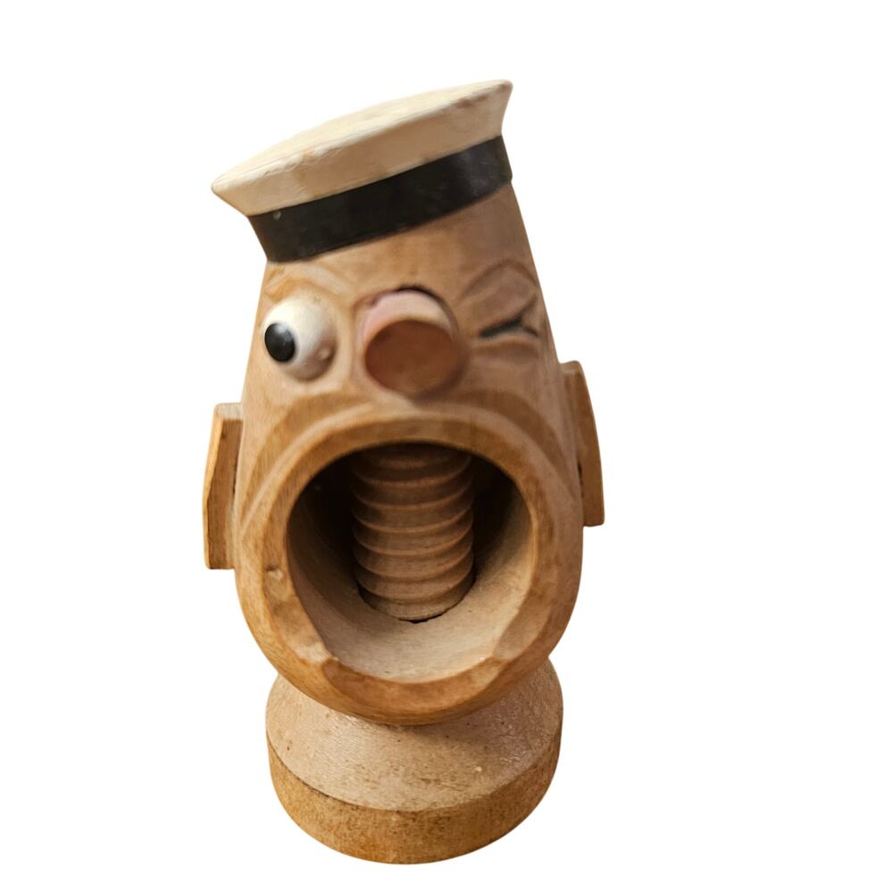 Vintage Hand Painted Carved Wood Winking Sailor Hand Screw Nutcracker (gg239)